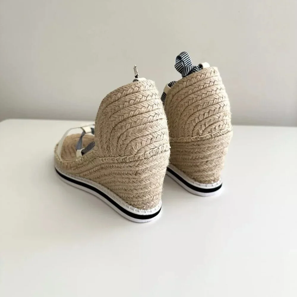 NEW TONY BIANCO Ankle Wrap Espadrille Wedge Sandals in White/Blue Stripe Size 8
